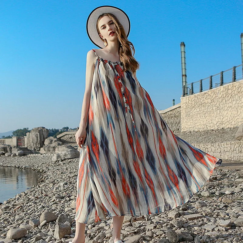 Праздничное пляжное платье шифоновое женское с принтом богемное длинное