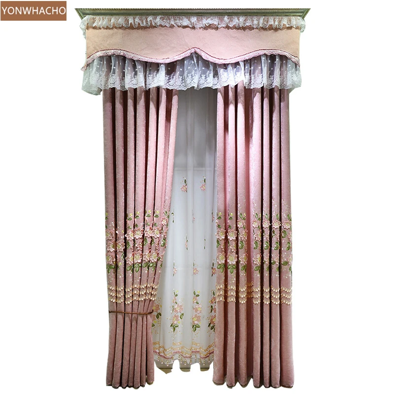 

Custom curtains High-class European thick cotton line relief embroidered pink cloth blackout curtain valance tulle panel C024