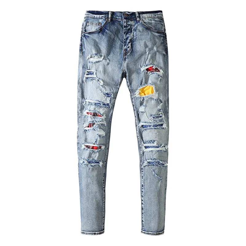

New men's male fashion brand street washing holes colorful beggar style men's pants high street motorcycle jeans denim pants