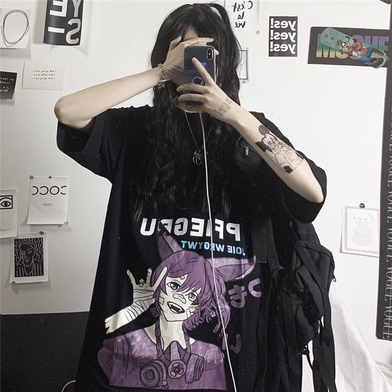 

WHOHOLL Gothic T-shirt For Women Short Sleeve Top Harajuku Tshirts Cartoon Printing Versatile Loose O-Neck T-shirt Fashion