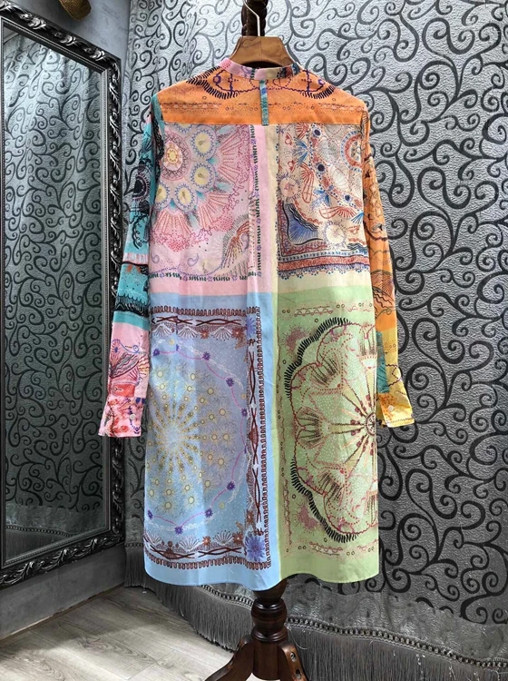 

2020 autumn and winter new fashion women's round neck print color matching decorative hem irregular long sleeve dress