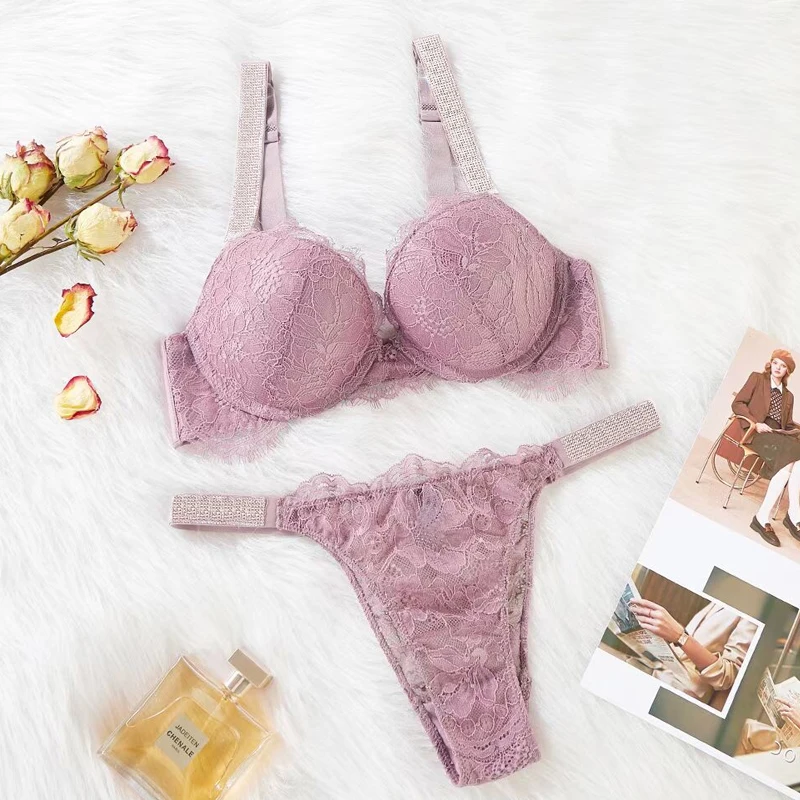 

2 Piece Rhinestones Secret Bikini Panties Brand Design Underwear Set Cotton Comfort Sexy Thongs Push Up Adjustable Bra Briefs