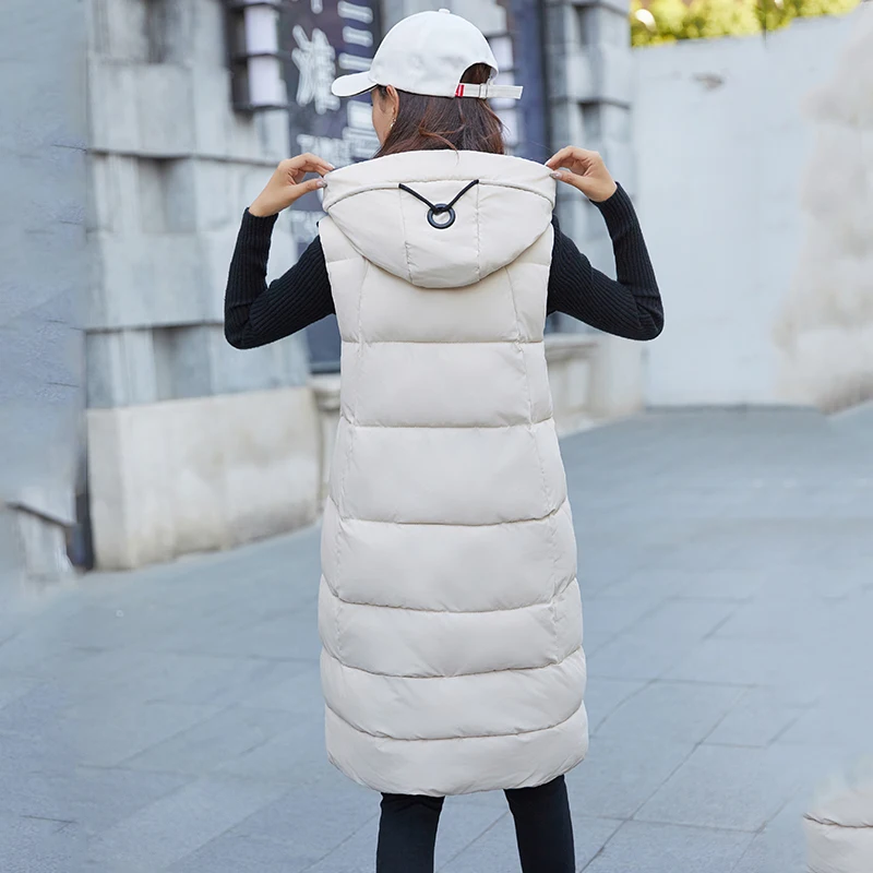 

Autumn Winter Cotton Vest Women Hooded Coats Sleeveless Long Vest Jacket Thicken Cotton Padded Women Waistcoat Female