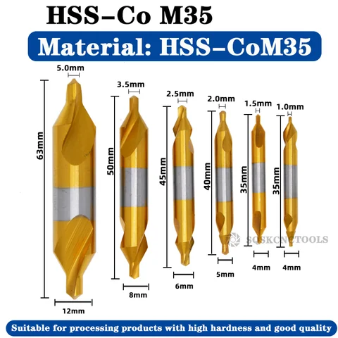 Комбинированные центральные сверла из быстрорежущей стали с титановым покрытием, 60 градусов, набор угловых сверл 6 шт. 1,0-5 мм, металлические Центрирующие сверла, токарный станок W6542 M35