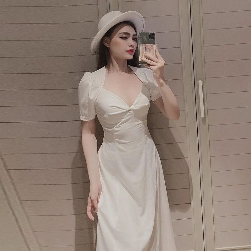 

Women Puff Sleeve White Dress Sexy V-Neck Elegant Chic Long Dress Summer Short Sleeve french dress women solid A-Line Vestidos