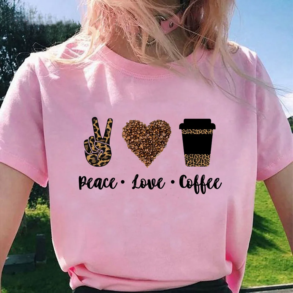 

Pink T-Shirt Leopard Peace Love Coffee Print Women Summer T Shirt Vogue Leisure Girls Tshirt Trendy Hipster Tops Tees Streetwear