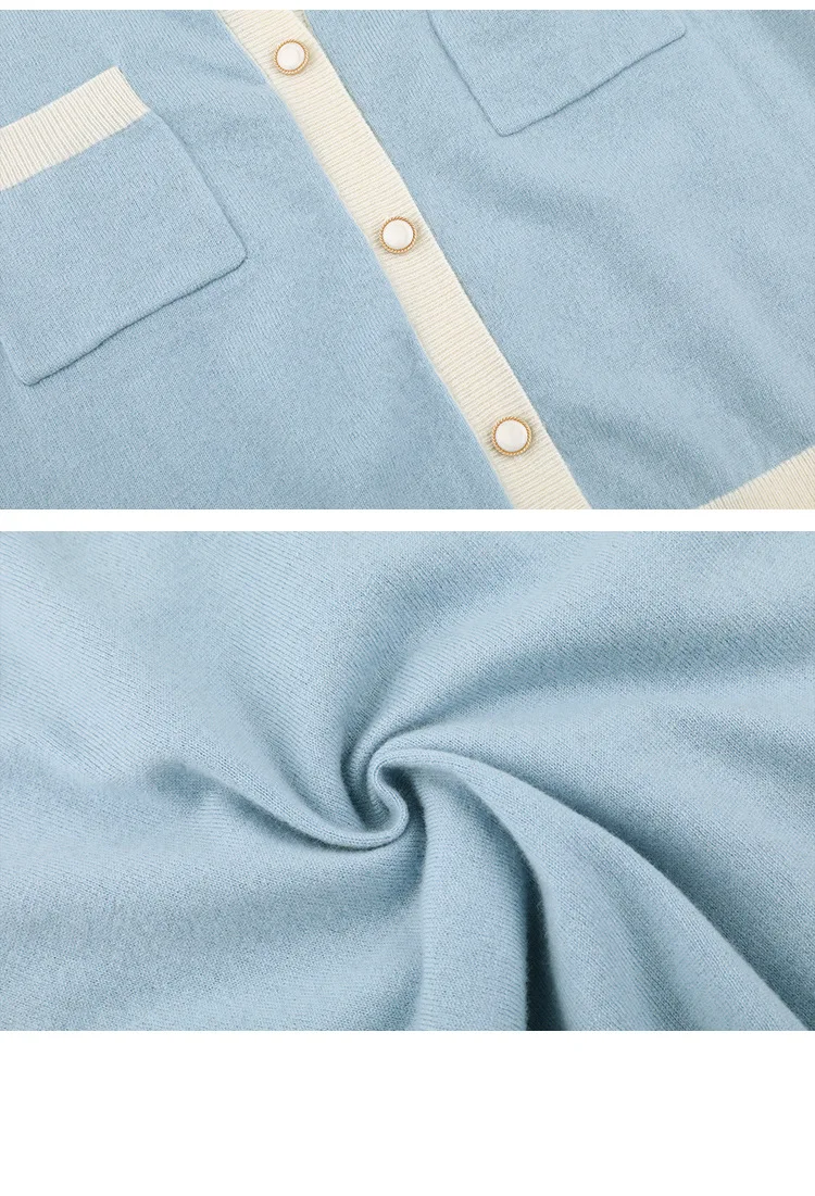 

Cropped Wool Cardigan Women Contrast Trim Short Sleeve Knitted Cardigans Sweater Autumn