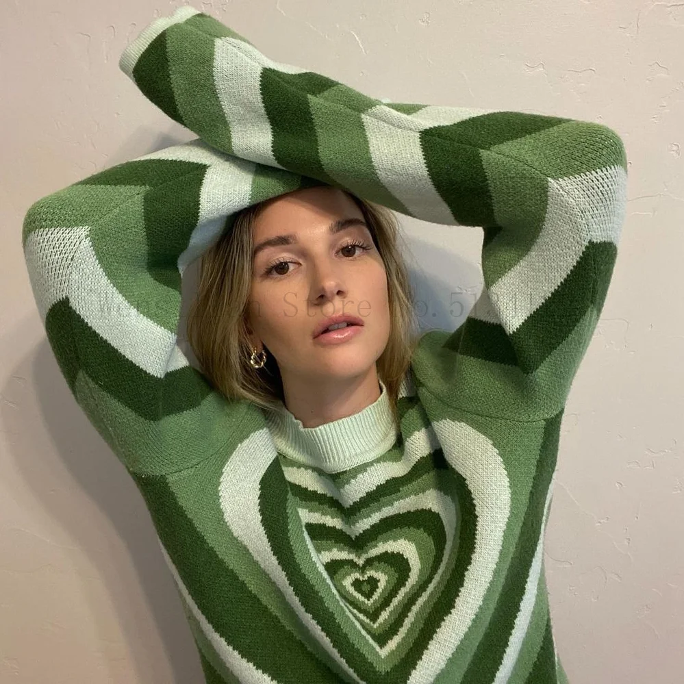 

Heart Striped Sweaters Women Y2K Aesthetics Sweater E-girl Sweet Turtleneck Pullovers Long Sleeve Hot Green Sweater 90s Knitwear