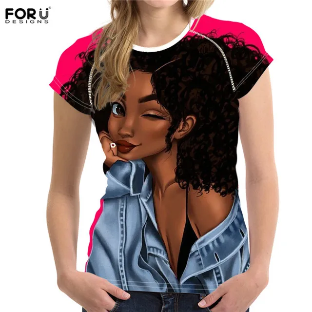 FORUDESIGNS T-shirts for Women African Black Girls Hairstyle Printing Tops Summer Short Sleeve T Shirts Female Kawaii Tees XXL | Спорт и