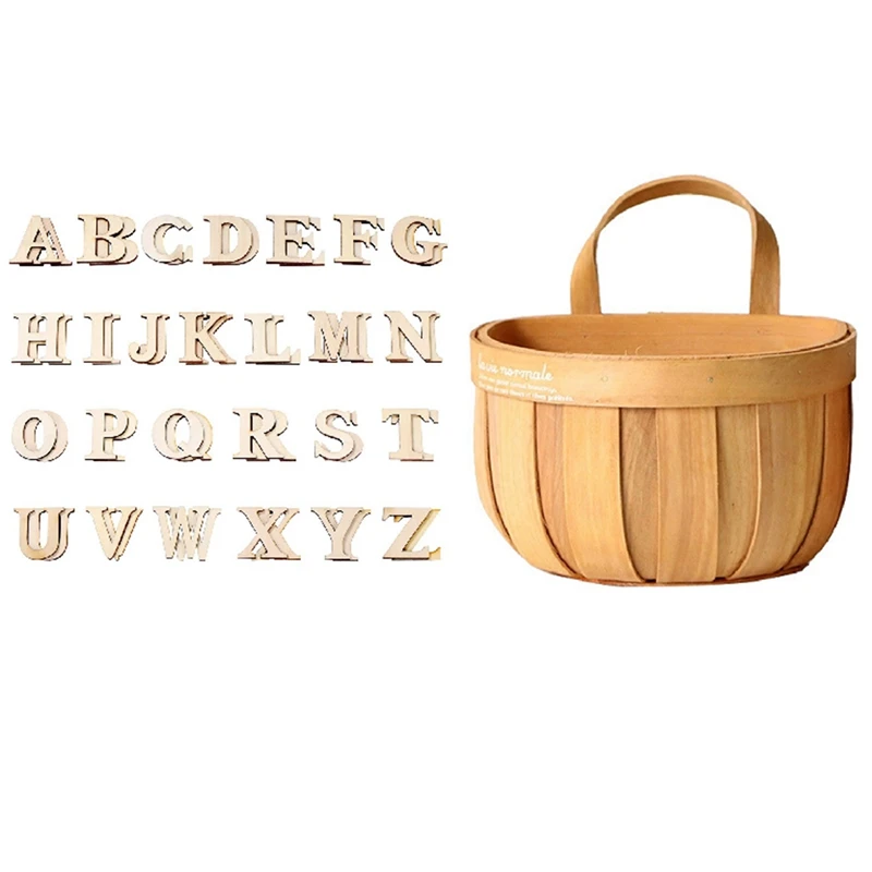 

52 Pieces Wood Letters Wooden Alphabets Letter Craft Pieces With Cute Life Household Woven Storage Wood Basket