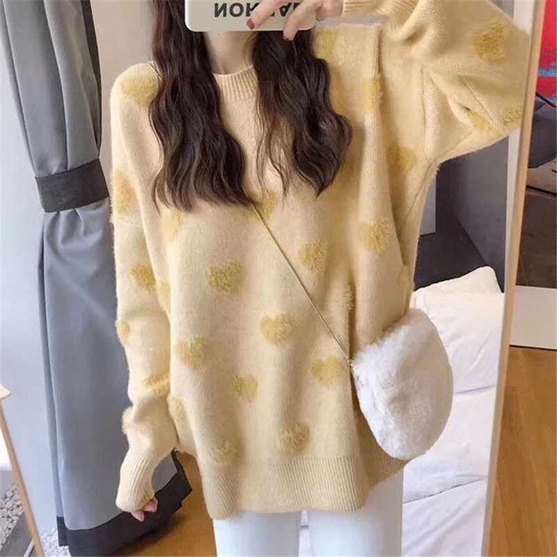 

Womens Pullovers Elegance O-Neck Long Sleeve Loose Sweaters Sweet Casual Korean Preppy Students Knitting Tops