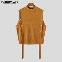 men vests solid color round neck sleeveless streetwear loose tank tops button all match 2021 casual men waistcoats s 5xl incerun