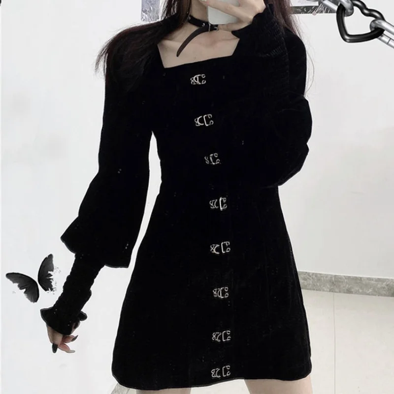 

HOUZHOU Black Gothic Dress Women Vintage Long Sleeve Mini Dresses Square Collar Harujuku Goth Streetwear Autumn Winter Fashion