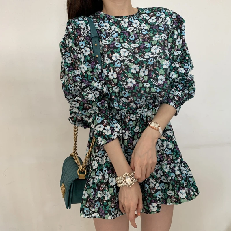 

New Korean Spring Summer Hot Women's Floral Print Pleated Chiffon Dress Fashion Female Casual Long Sleeve Basic Dresses Vestido