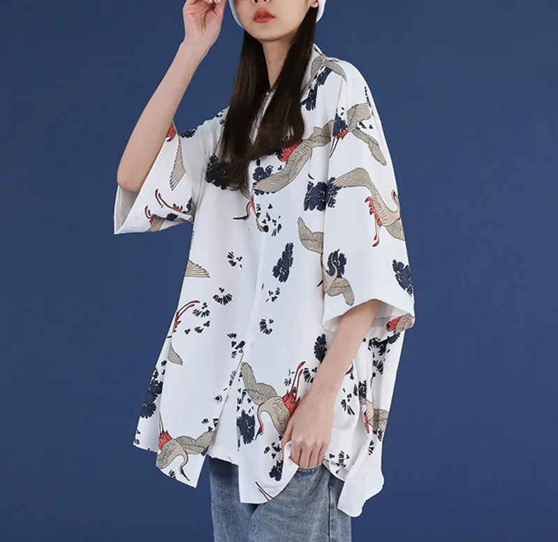 2020 Summer Spring Women Blouses style oversize shirts Harajuku Tops Crane Print Short Sleeve Shirts Female Streetwear