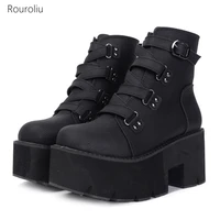 2021 plus size thick platform ankle boots women spring autumn buckle strap motorcycle shoes non slip casual boots