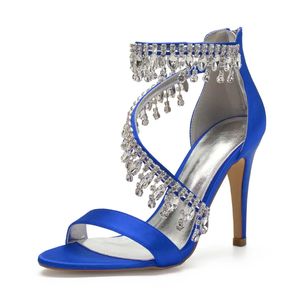 

Satin evening dress sandals women's strappy shoes with tassel crystal wedding party prom nightclub lady shoes summer bridal shoe
