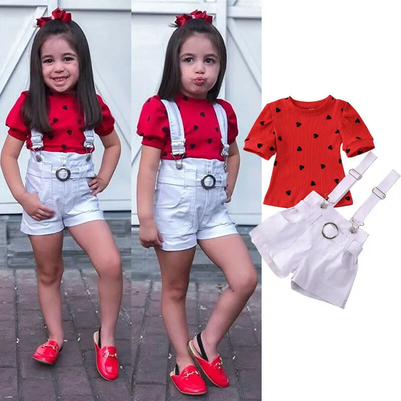 

2PCS Toddler Kids Baby Girl Valentine's Day Clothes Knit Tops+Pants Overall Outfit Casual Girls Set