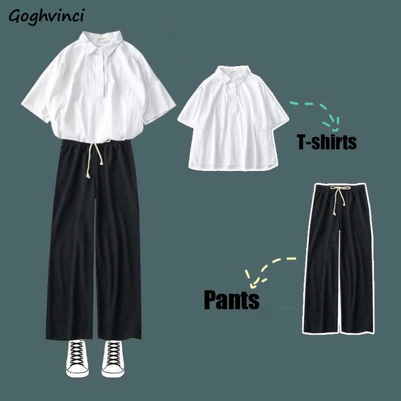

Women Sets Solid Short Sleeve T-shirt Ankle-length Wide Leg Pants Basic Preppy Style OL Ulzzang Fashion Outfit Soft Females Chic