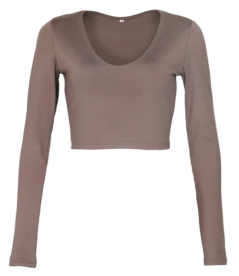 V-neck Khaki 2 Укороченный топ, черные футболки, сексуальные базовые короткие футболки, женские Клубные Белые женские футболки Harajuku, весенние и Зимние Топы с длинным рукавом - Цвет: V-neck Khaki 2