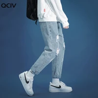 fashion mens jeans broken hole pants thin torn mens solid cotton straight tube loose vintage washed jeans streetwear