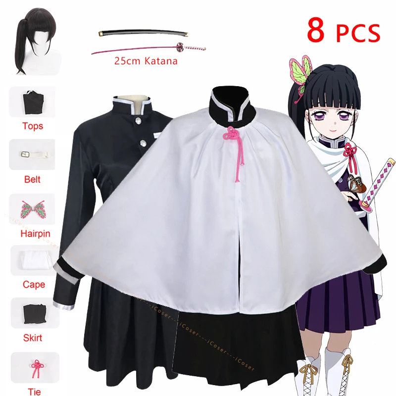 

Kids Adults Demon Slayer Tsuyuri Kanawo Cosplay Costume Anime Kimetsu no Yaiba Katana Black Ponytail Wig Battle Suit Uniform