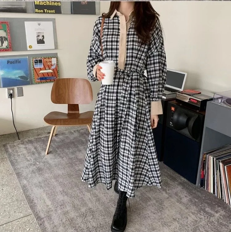 

Korean Women's Long Dress Turn Down Collar Clothes Female Casual Office Vintage Plaid A-line Dresses Ladies