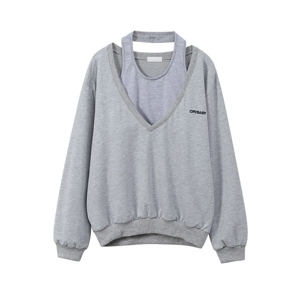 

Spring Autumn Hoodies Womens Sweatshirts V-Neck Long Sleeve Korean Fashion Hoodie Loose Casual No Brim Sweatshirt Two-Piece Top