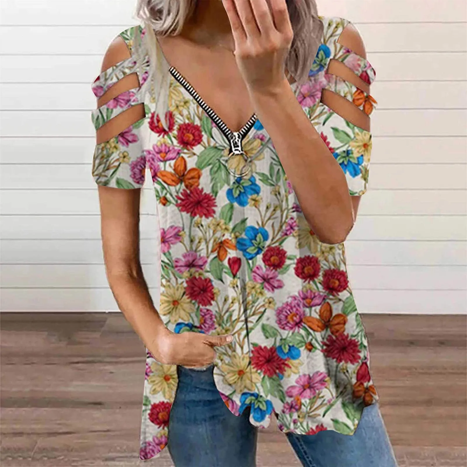 

Womens Zipper Blouses sexy V-neck Collar Color Vintage Blouses short Sleeve Fold Casual Blouse Women Top Shirts