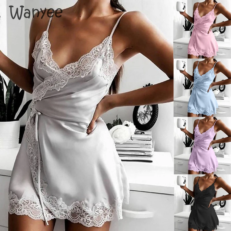 

Ladies Solid Color Sling Women's Satin Sleepwear Sleeveless Homewear Spring and Summer New Nightdress Sexy Lingerie Lace Pajamas