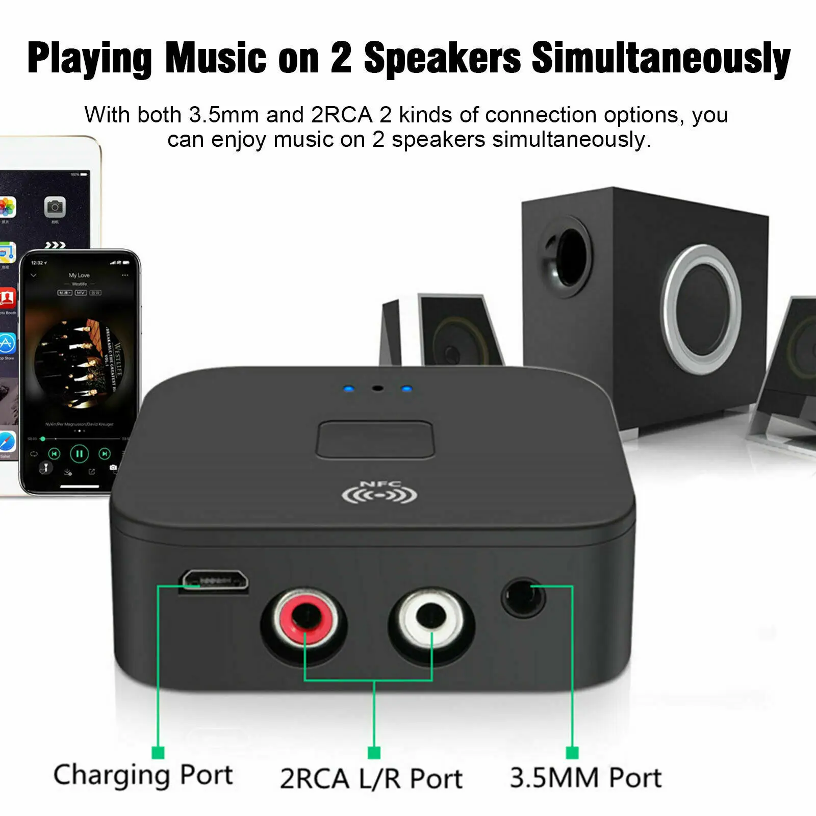Беспроводной приемник Bluetooth 5 0 с разъемом 3 мм AUX NFC на 2 RCA аудио стерео адаптер