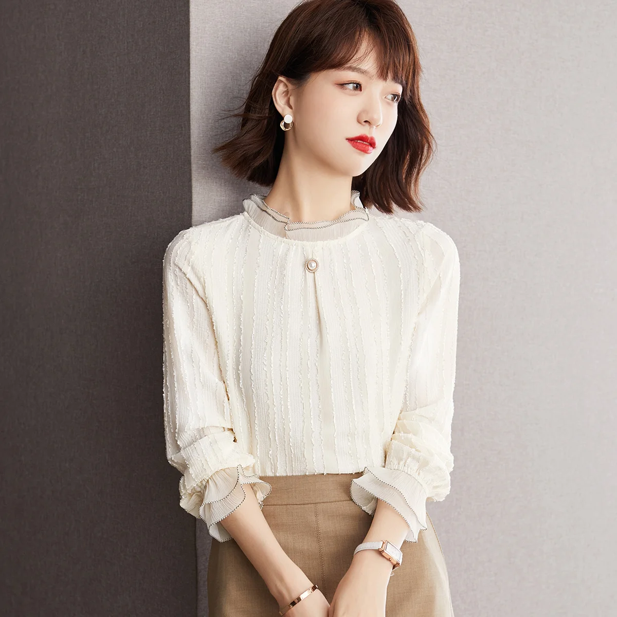 Женская шифоновая блузка с длинным рукавом кружевной топ высоким воротником