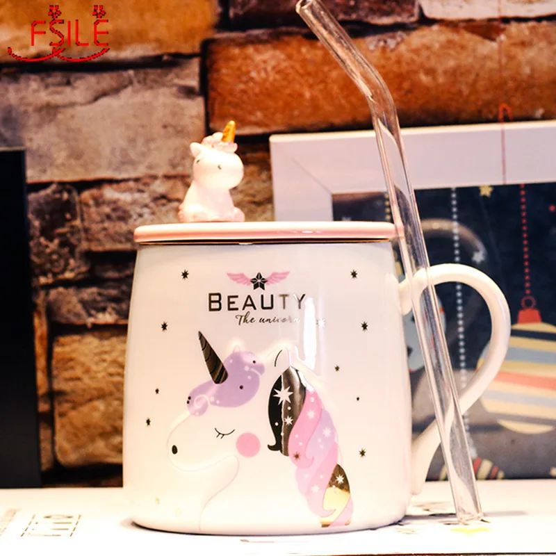 

400ml Simple Cute Mug Creative Personality Trend Mug Cute Spoon with Lid Girl Unicorn Ceramic Couple Coffee Breakfast Mug