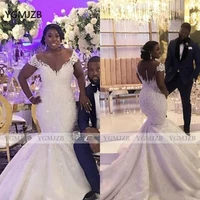 plus size long mermaid bride wedding dress 2020 see through top beaded lace african women bridal gown vestidos de novia