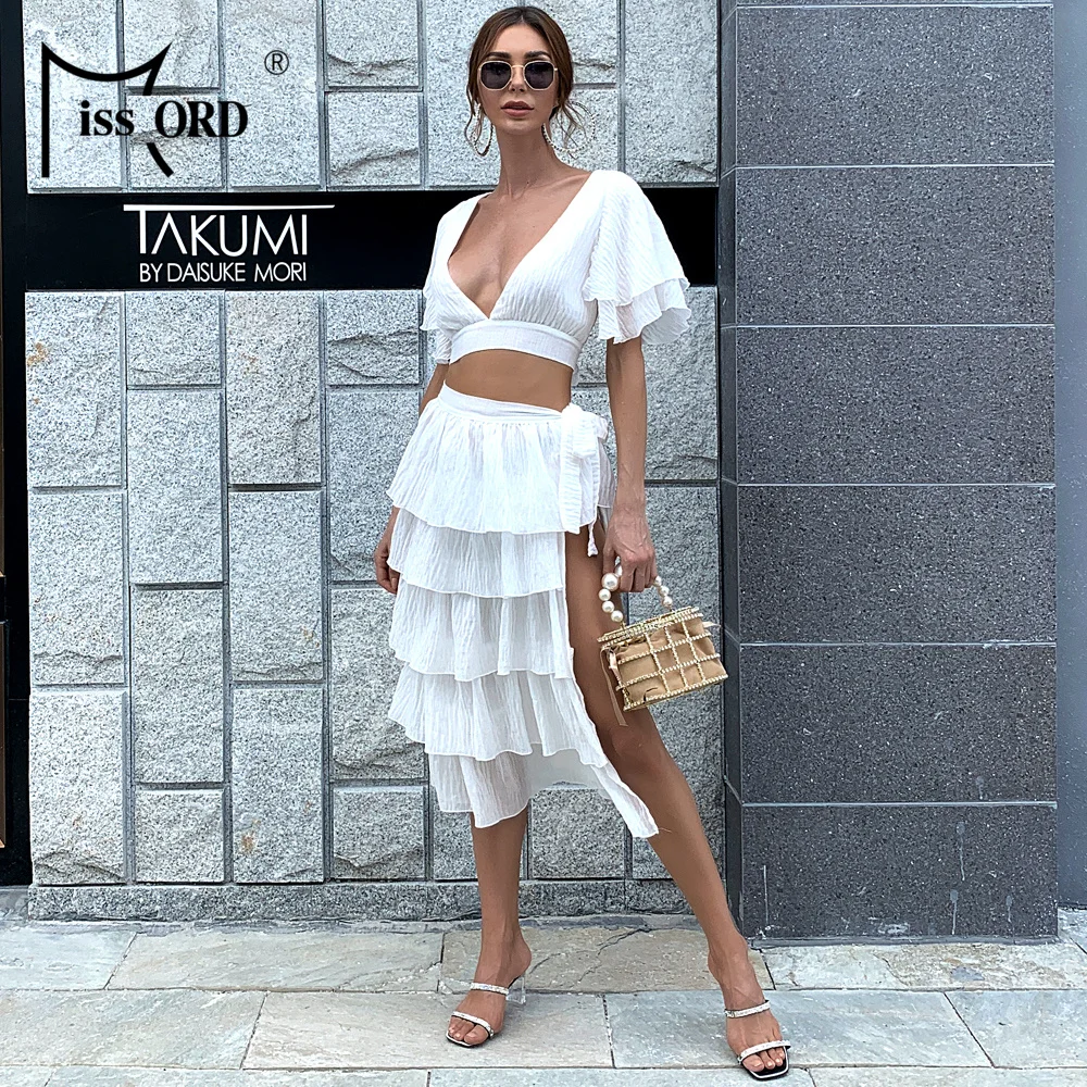 

Женский комплект из 2 предметов Missord, однотонный сексуальный шифоновый комплект с глубоким V-образным вырезом и оборками, с высоким разрезом,...