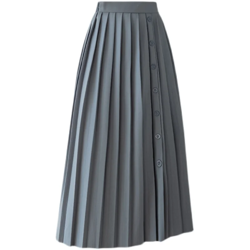 

2021 Spring Summer New Korean Breasted Skirt Women's Elastic Waistband Slimming Small Midi Pleated Skirt Girls Students Skirts