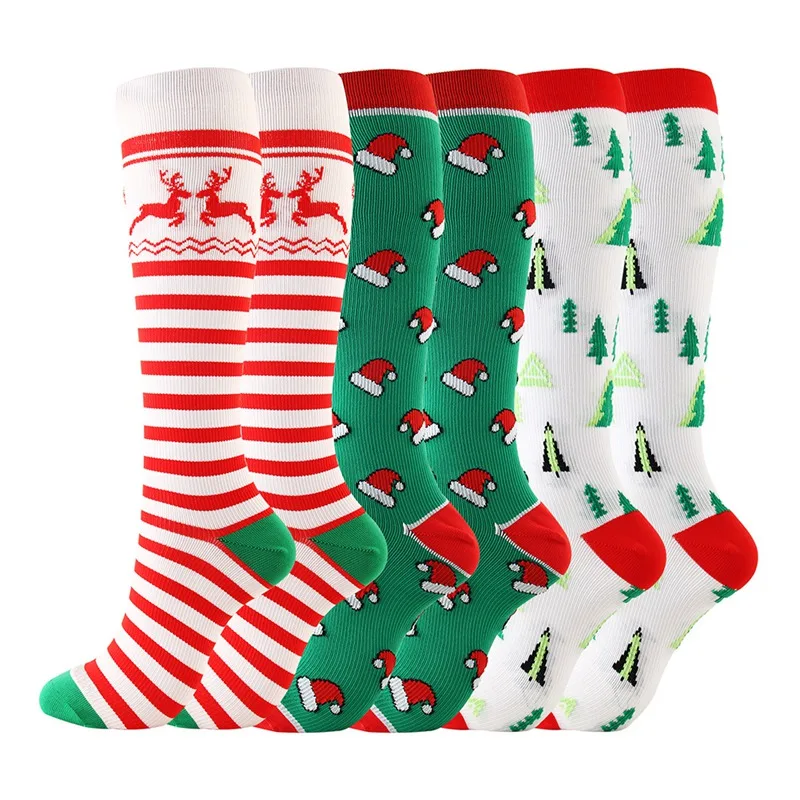 Мужские и женские носки с рождественской елкой и оленем, высокие/длинные Компрессионные носки, полосатые спортивные длинные носки для улиц...
