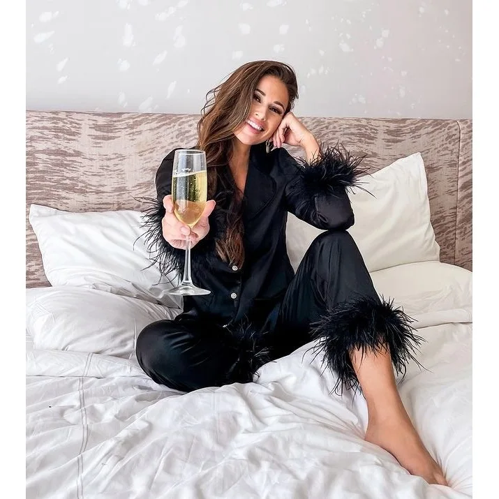 2Pcs Women Pajamas Set Autumn Casual Lapel Tops + Feather Pants Suits Sexy Lingerie Nightwear Silk Satin Pyjamas pjs Suit