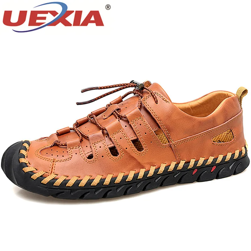 Сандалии UEXIA мужские кожаные Уличная обувь на плоской подошве деловой стиль