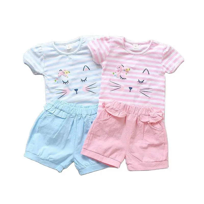 

2 шт./компл. летняя футболка в полоску с милым котом для новорожденных мальчиков и девочек, шорты для детей, штаны, комплект одежды