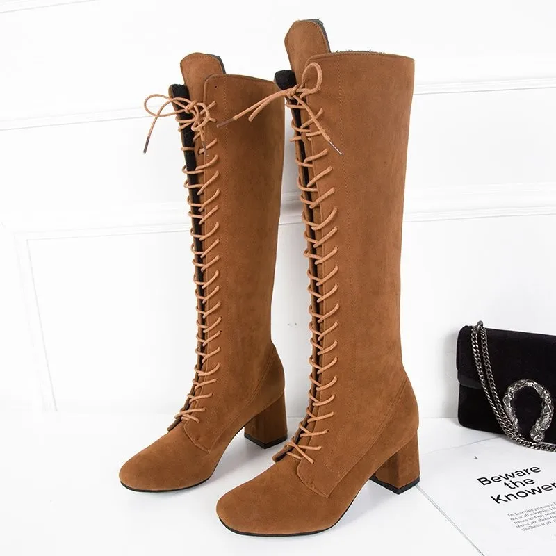 2021 New Winter Warm Velvet Front Lace-up Long Shoelaces Thick Heel High Heel Round Toe High Tube Women's Boots