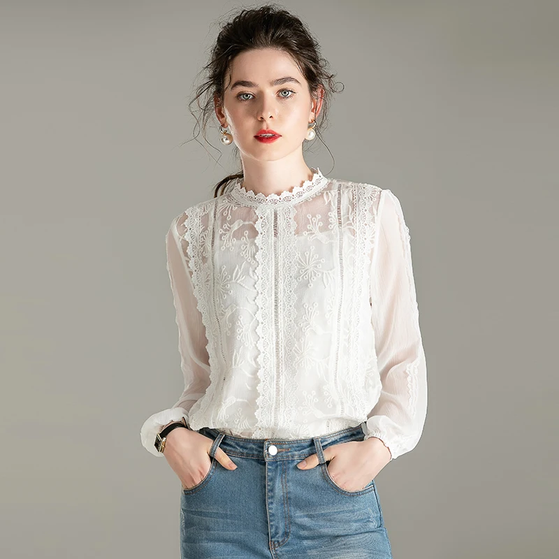 100% Silk Blouse Women Shirt Casual Style Solid Vintage Embroidery Design Ruffles O Neck Long Sleeves Graceful New Fashion