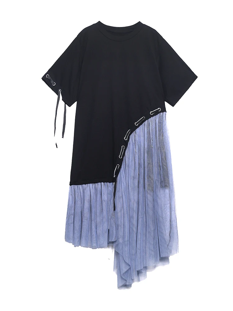 

XUXI 2021 Summer Women Over The Knee Dress French Retro Long Skirt Short Sleeve Stitching Mesh Dress E1359