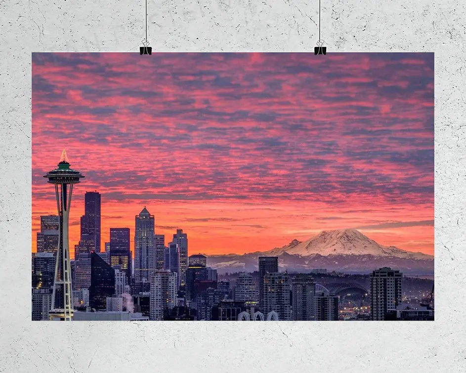 

H320 Silk Poster Home Decoration Seattle Washington Sunset Skyline Wall Art Christmas Gift