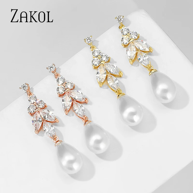 Женские серьги-подвески ZAKOL с белыми циркониевыми кристаллами модные свадебные