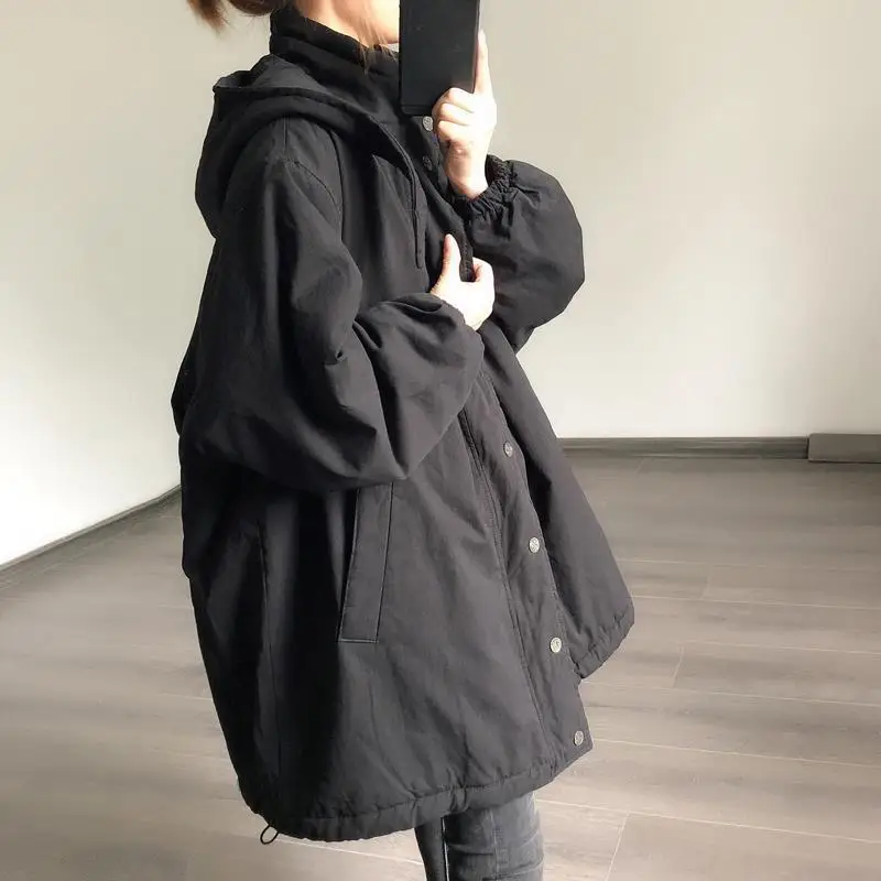 

Hooded Black Loose Snowsuit Clothes Women Thick Quilted Windbreaker Mid-length Winter Parkas New Loose Casual Cotton Jackets