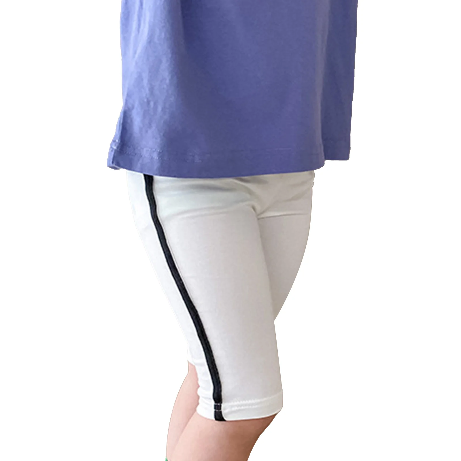 

Kids Girls Cotton Summer Pants Sport Legging Stretchy Elastic Waistband Side Stripes Print Knee Length Slim Fit Dance Shorts