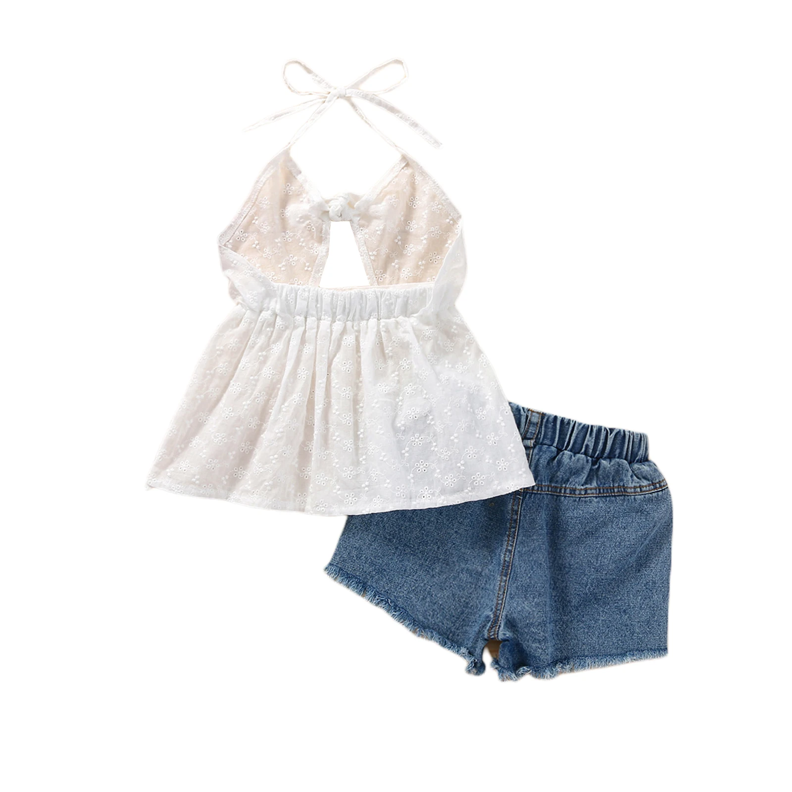 

Детские Рваные джинсовые шорты с лямкой на шее и бантом