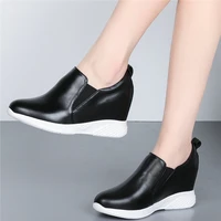 7cm high heel fashion sneakers women genuine leather wedges ankle boots female low top round toe platform loafers casual shoes