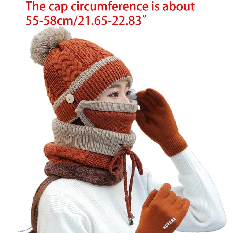 

Women Winter 4Pcs Beanie Hat Scarf Face Mask Touch Screen Gloves Set Plush Lined Knit Pompom Skull Cap Neck Warmer